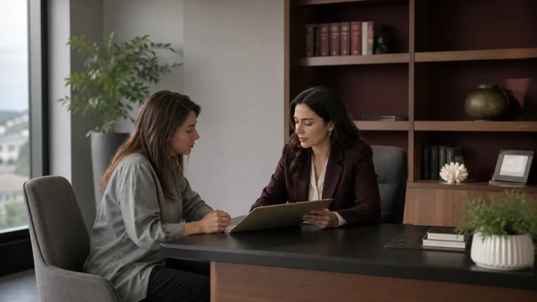 Aile hukuku danışmanlığında avukat ve müvekkil dosya inceliyor
